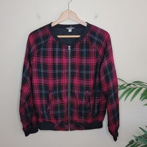 Evereve Peyton Jensen | Red Black Plaid Zip Front Bomber Jacket Size Small